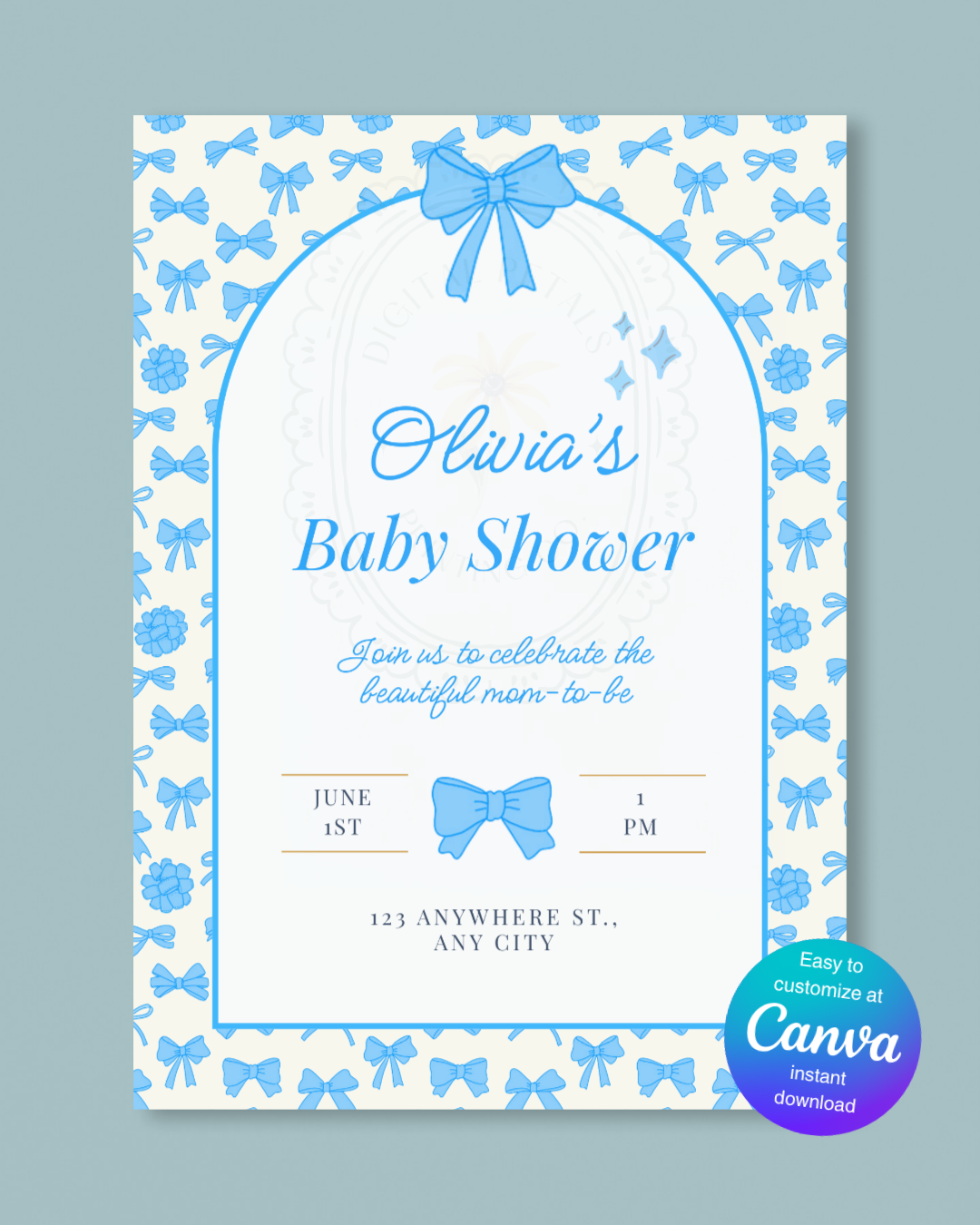 Baby Shower Invitation Template | Powder Blue Ribbons & Bows | Canva Editable