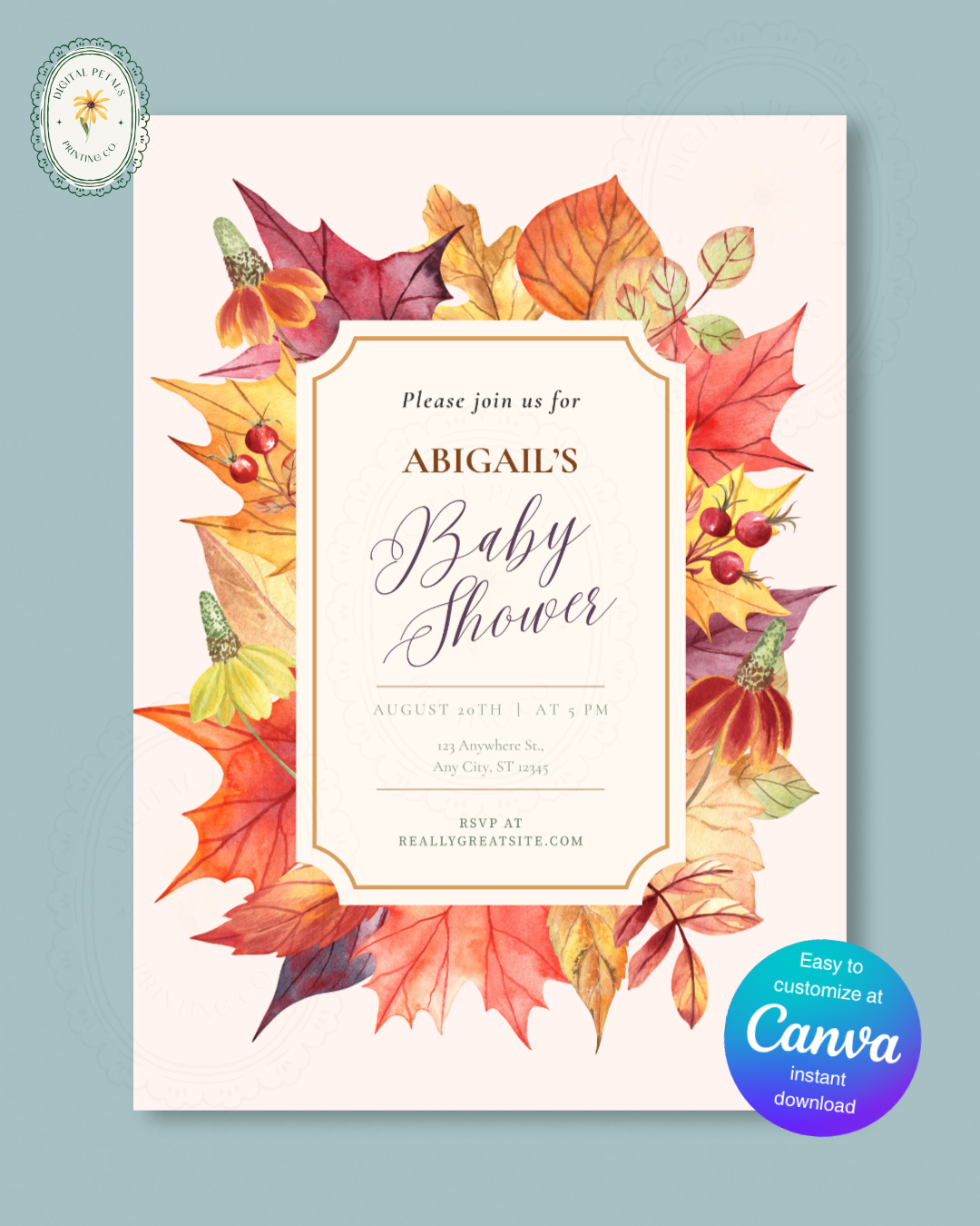 Autumn Harvest Wildflower Boho Baby Shower Invitation | Digital Download | Canva Editable