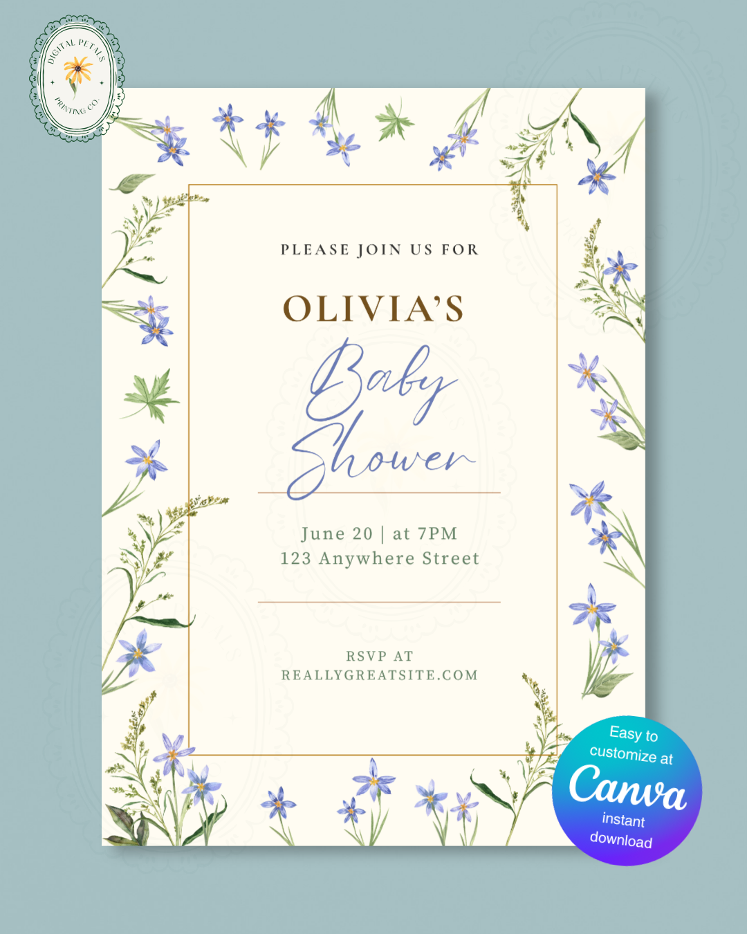 Dusty Blue Floral Border Baby Shower Invitation Template | Editable Digital Download