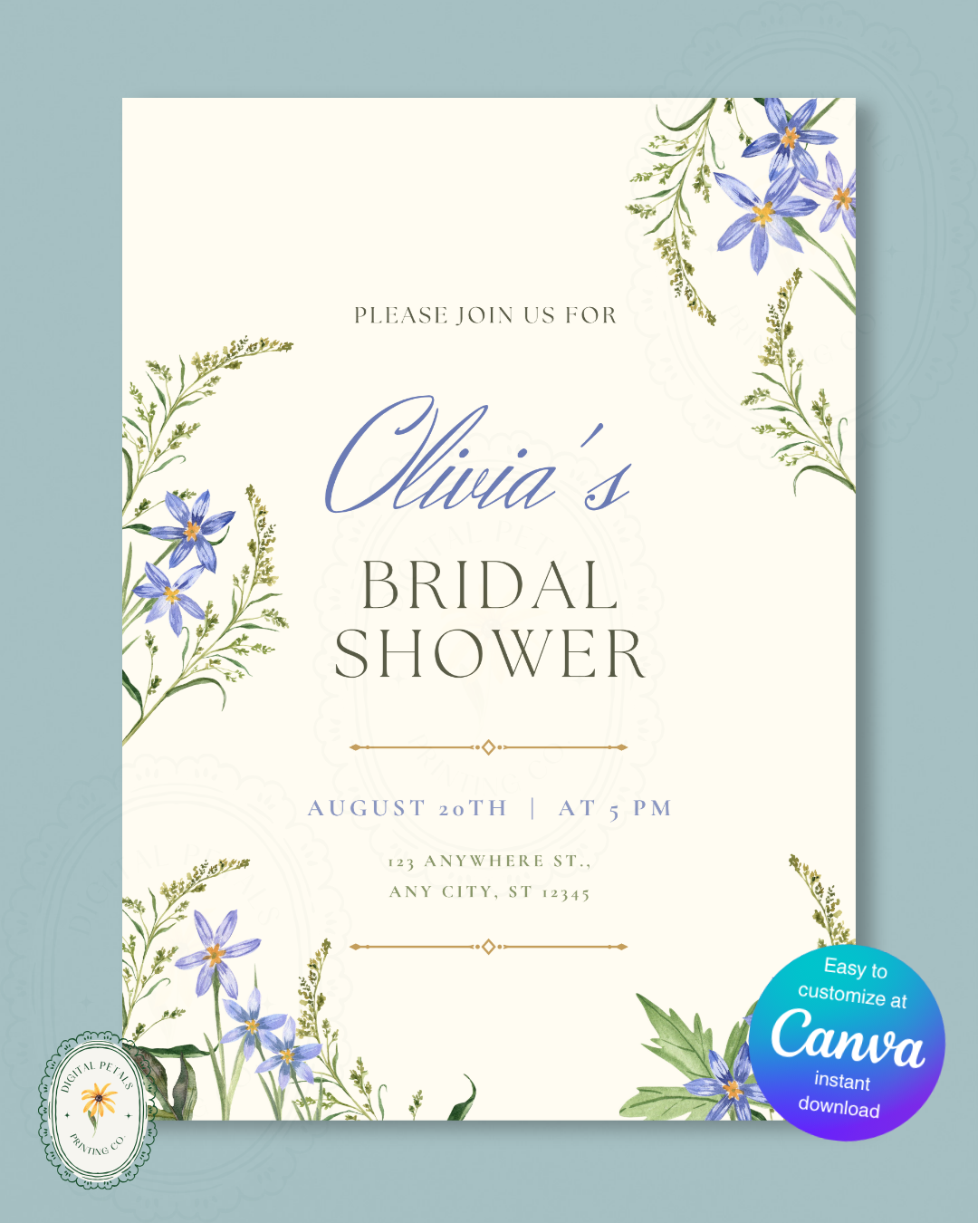 Powder Blue Wildflower Bridal Shower Invitation | Minimalist Printable Invite | Digital Download