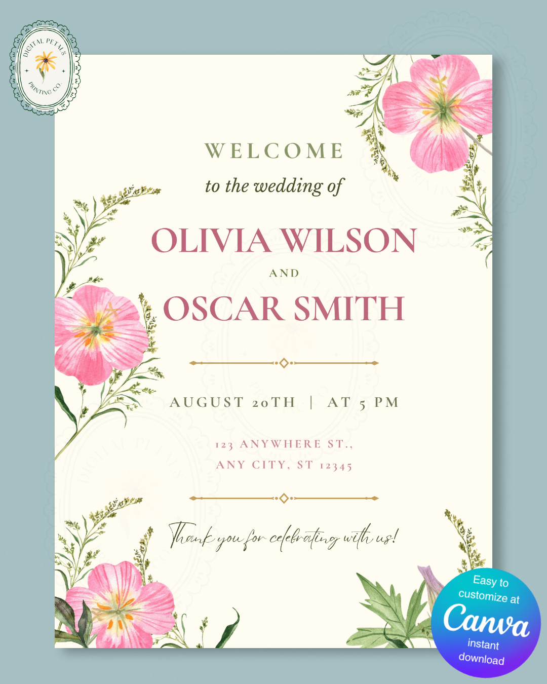Dusty Rose & Blush Pink Wildflower Wedding Welcome Sign | Editable Canva Template | Digital Download