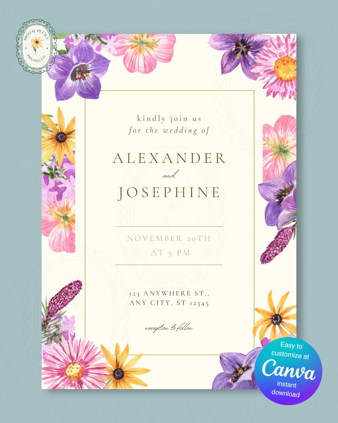 Wildflower Cottagecore Wedding Invitation Template | Editable Canva Design, Floral Botanical Spring
