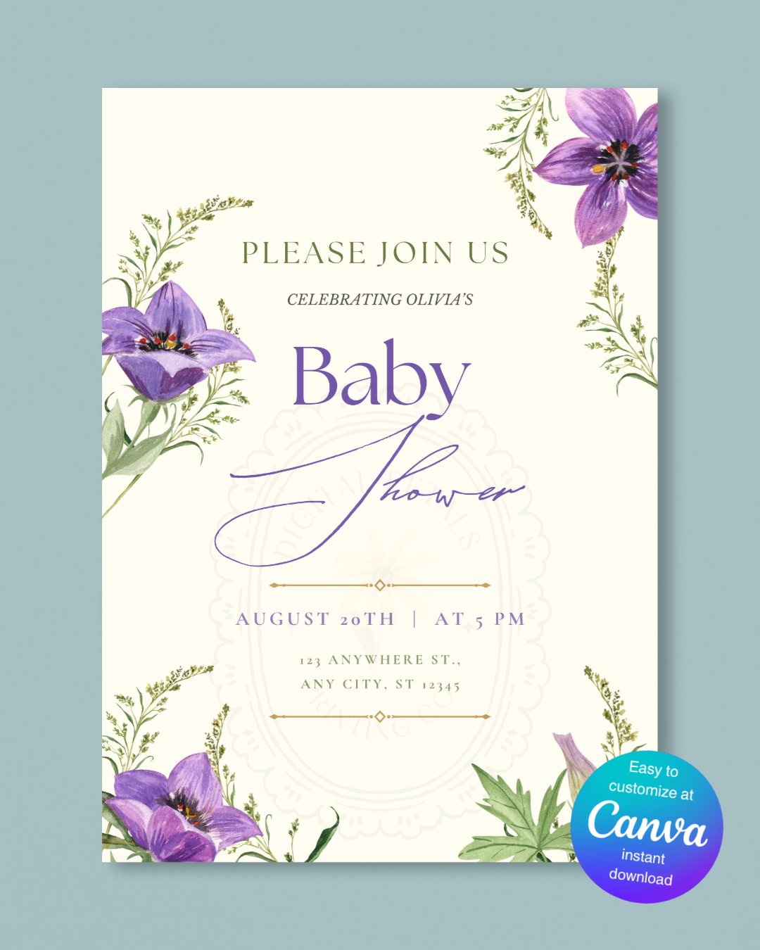 Violet & Periwinkle Wildflower Baby Shower Invitation | Minimalist Printable Invite | Digital Download