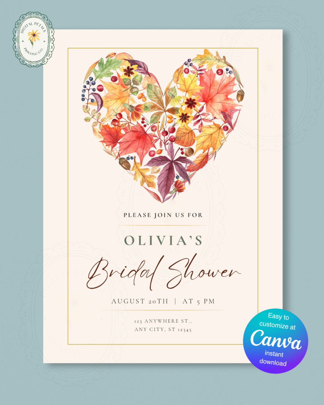 Terracotta & Rust Fall Heart Baby Shower Invitation — Editable Digital Download Template