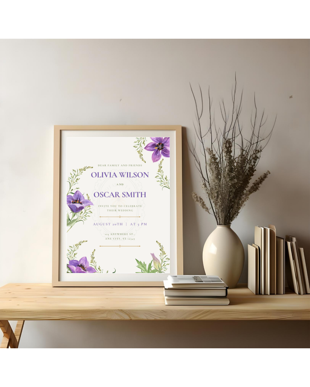 Violet Wildflower Wedding Invitation | Minimalist Printable Invite | Digital Download
