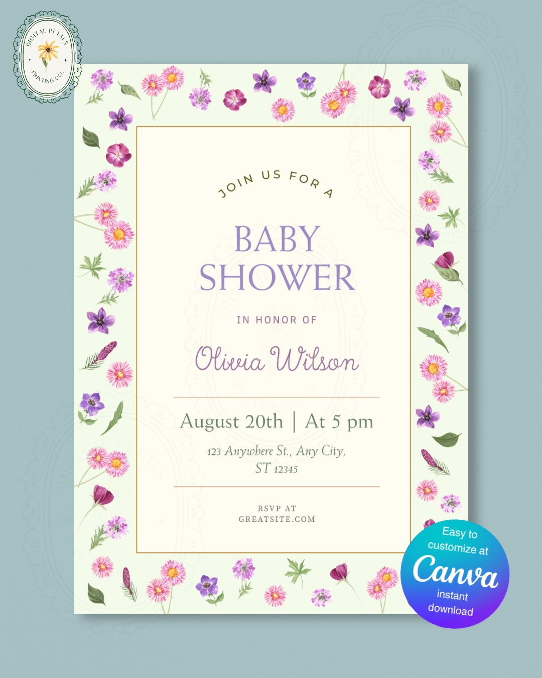 Spring Garden Wildflowers Baby Shower Invitation Template | Editable Canva Digital Download