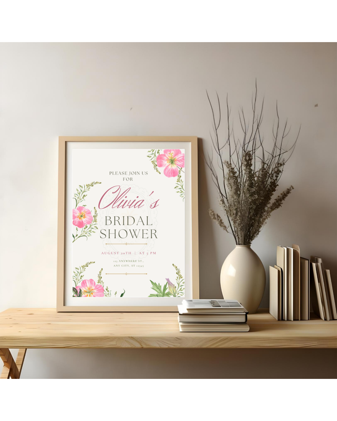 Pink Wildflower Bridal Shower Invitation | Minimalist Printable Invite | Digital Download