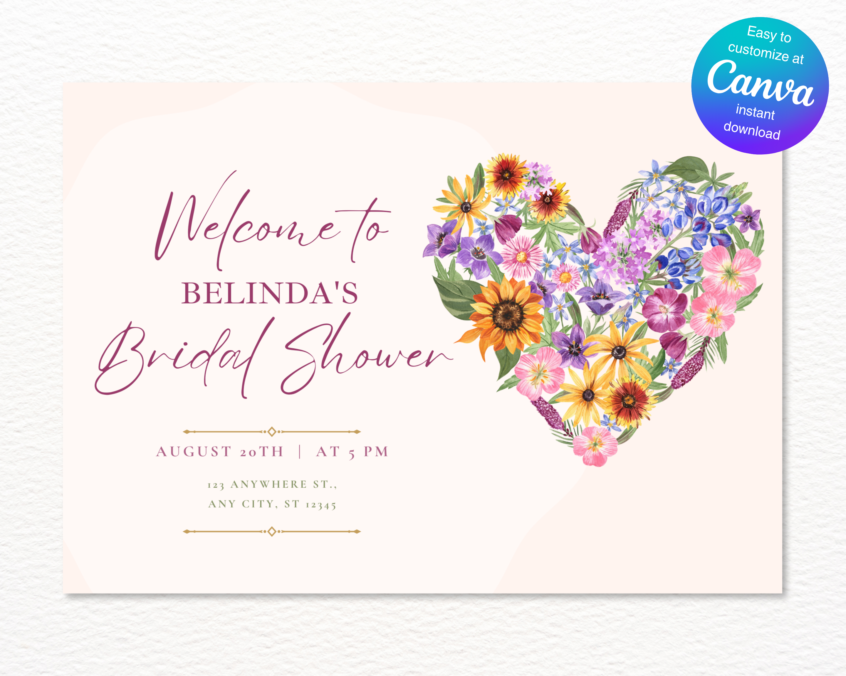 Wildflower Bridal Shower Welcome Sign | Boho Floral Heart Border | Editable Canva Digital Download | Print at Home