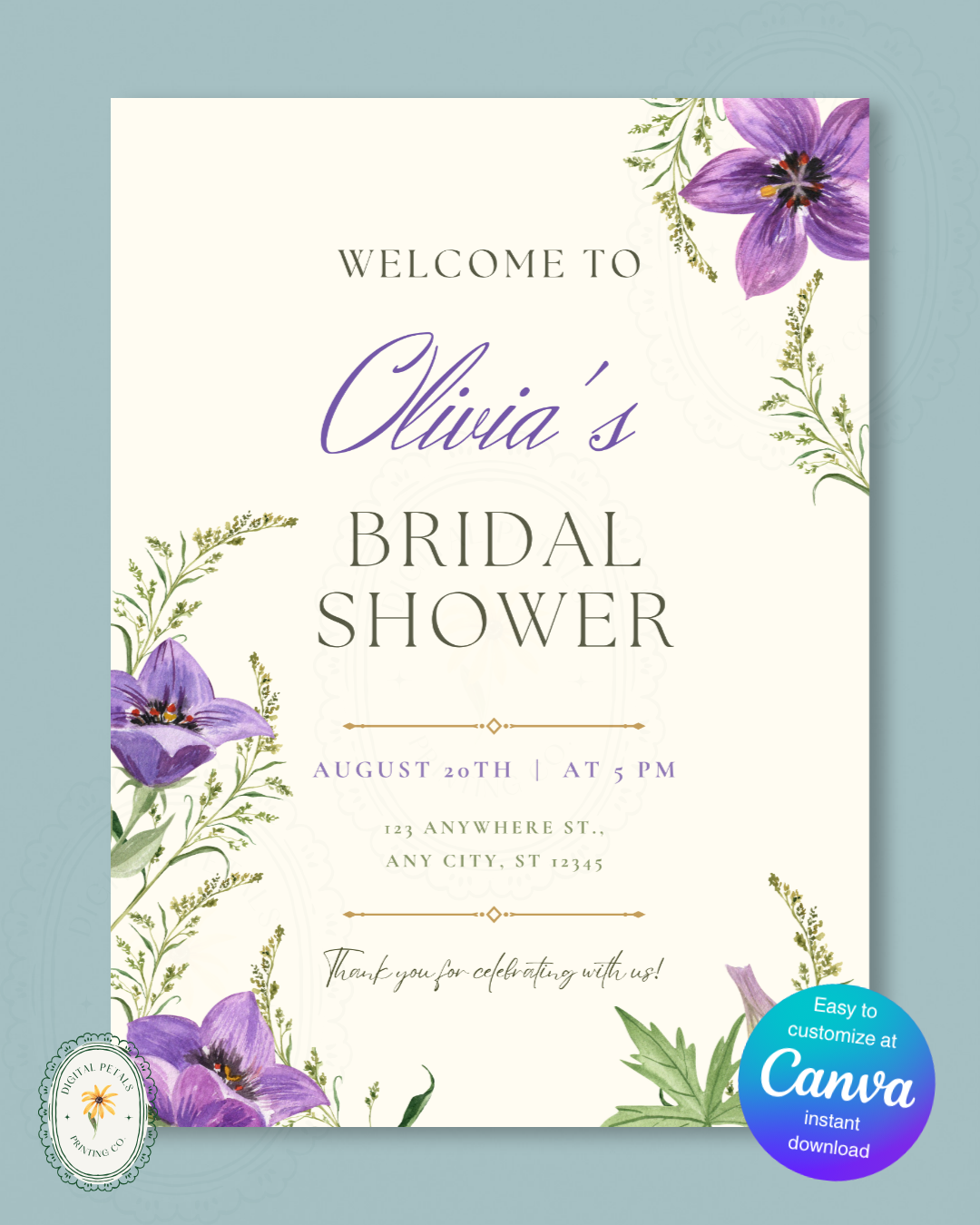 Violet & Periwinkle Wildflower Bridal Shower Welcome Sign | Editable Canva Template | Digital Download