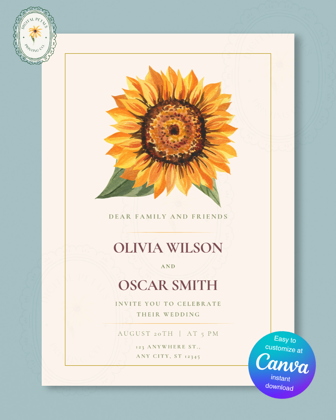 Terracotta & Rust Sunflower Wedding Invitation — Editable Digital Download Template