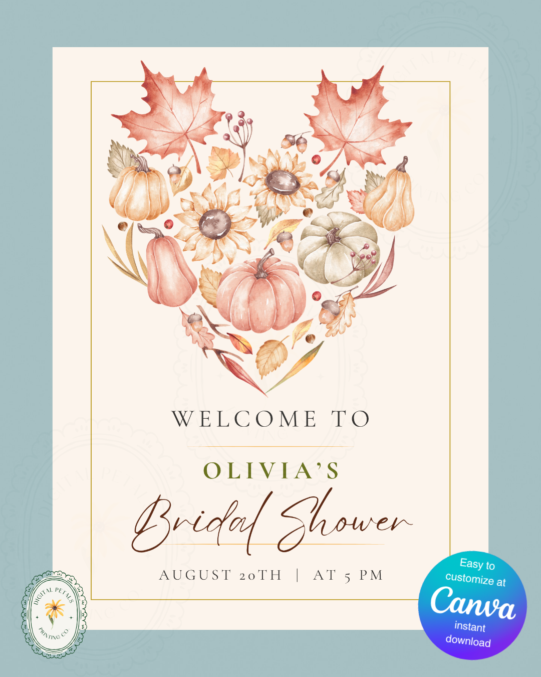 Burgundy Fall Leaves Watercolor Bridal Shower Welcome Sign Template | Editable Digital Download