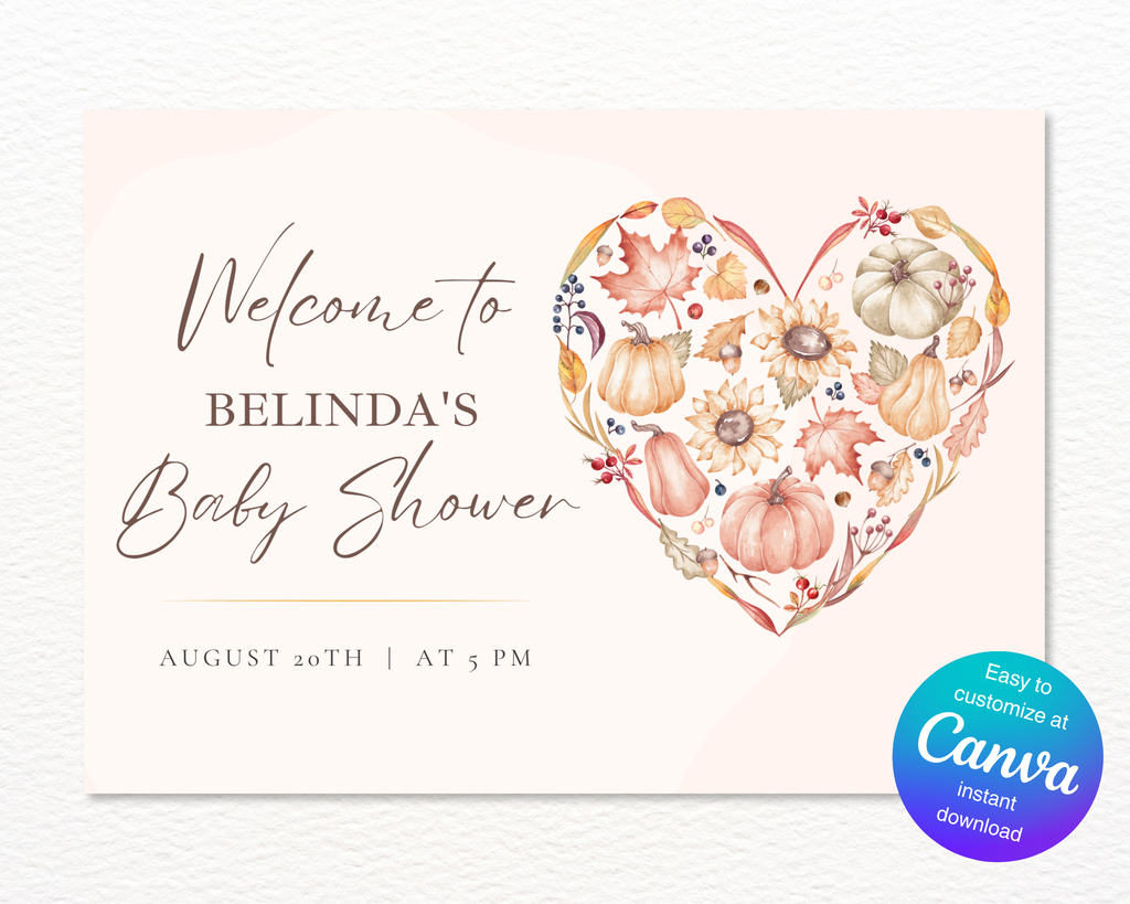 Autumn Baby Shower Welcome Sign | Rustic Heart Floral Border | Editable Canva Digital Download | Print at Home