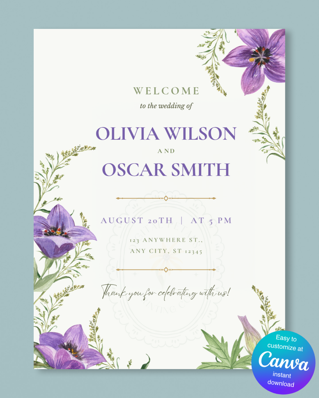 Violet Wildflower Wedding Welcome Sign | Editable Canva Template | Digital Download