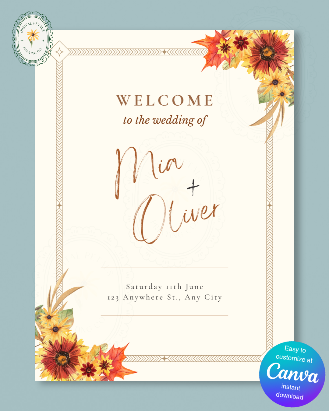 Rustic Fall Wildflowers Wedding Welcome Sign Template | Hand Painted Cottagecore Digital Download