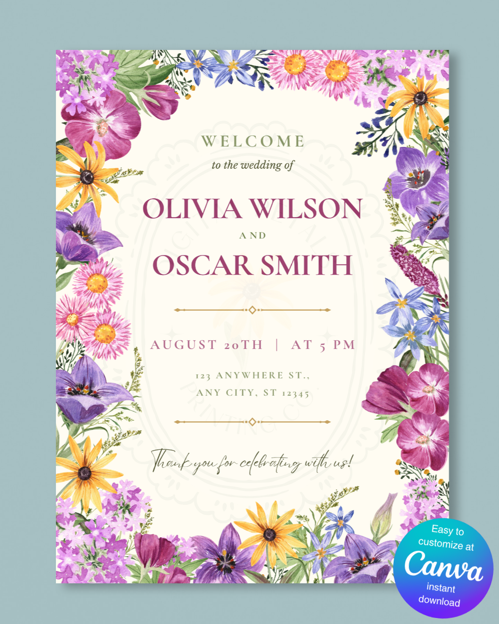 Boho Colorful Wildflower Wedding Welcome Sign | Editable Canva Template | Digital Download