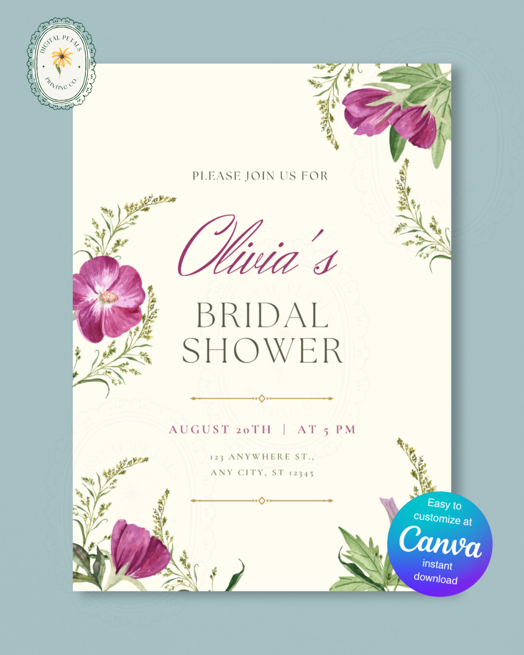 Lavender & Lilac Wildflower Bridal Shower Invitation | Minimalist Printable Invite | Digital Download
