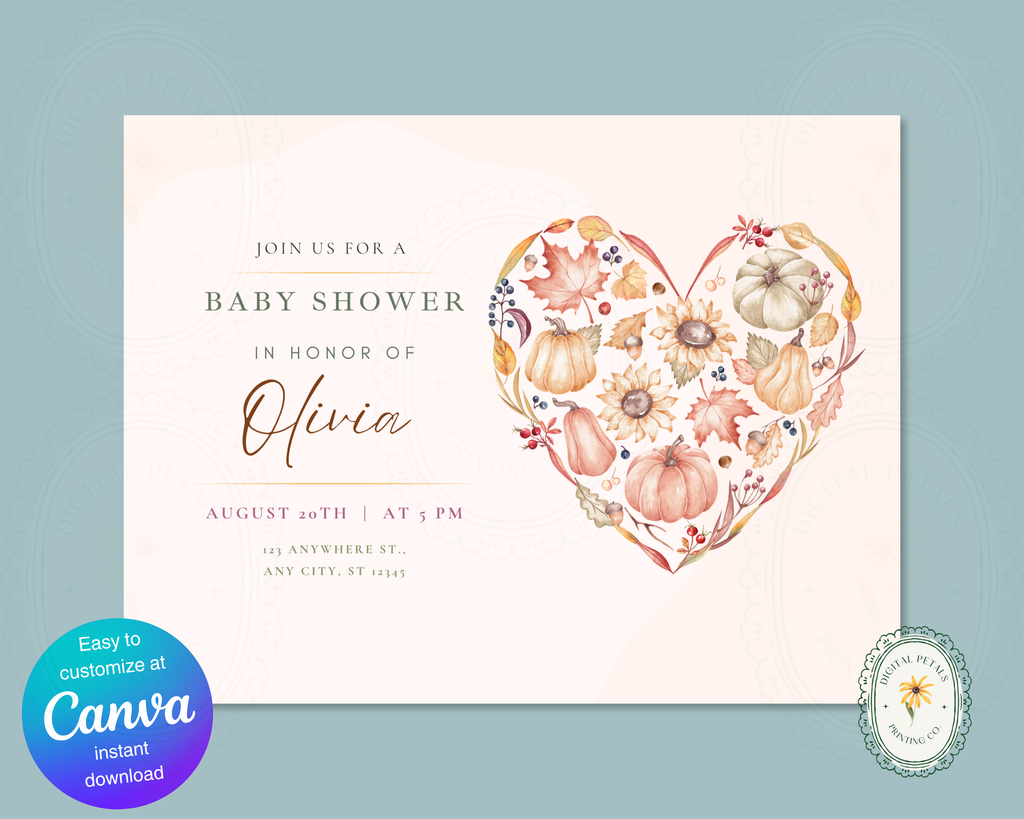 Autumn Heart Baby Shower Invitation | Autumn Floral Landscape | Canva Digital Download