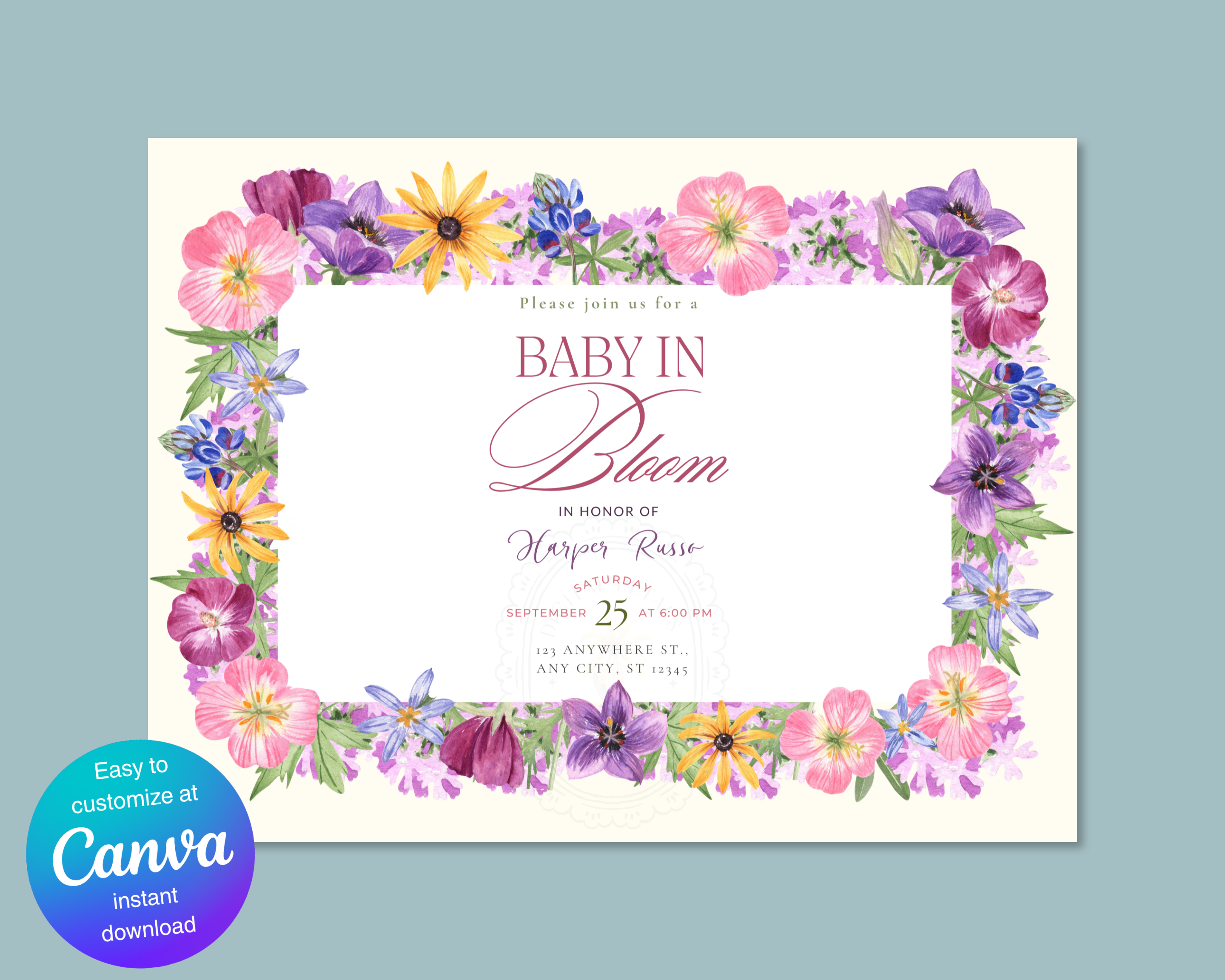 Baby in Bloom Baby Shower Wildflower Invitation | Floral Landscape Digital Download | Canva Editable