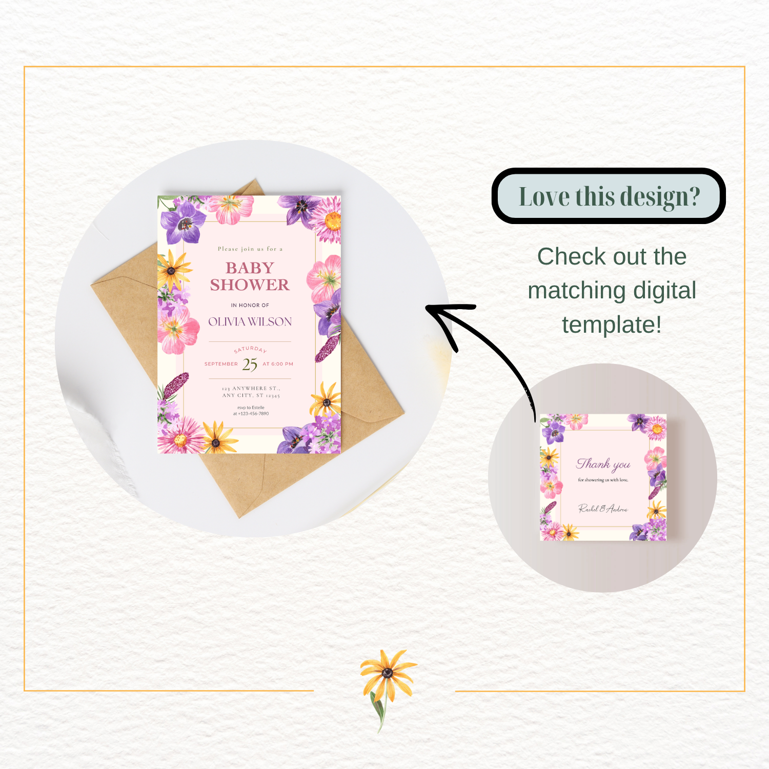 Pink Cottagecore Wildflower Thank You Card Template | Editable Canva Digital Download