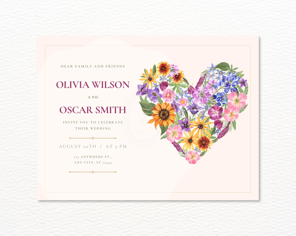 Lavender Wildflower Spring Heart Wedding Invitation | Floral Landscape Digital Download | Canva Editable