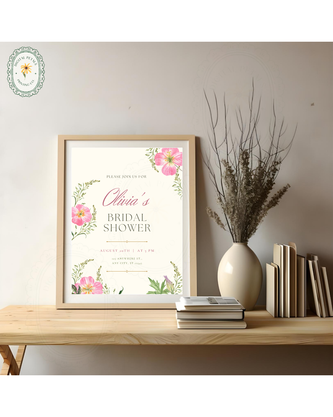 Dusty Rose & Blush Pink Wildflower Bridal Shower Invitation | Minimalist Printable Invite | Digital Download