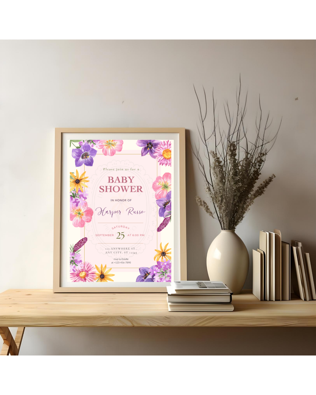 Pink Cottagecore Wildflower Baby Shower Invitation | Editable Canva Template, Spring Floral