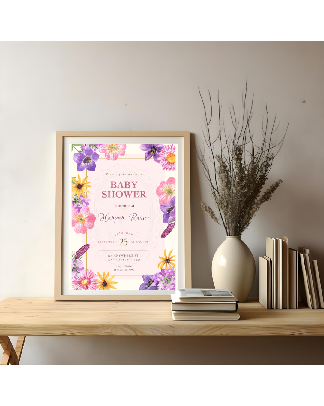 Pink Cottagecore Wildflower Baby Shower Invitation | Editable Canva Template, Spring Floral