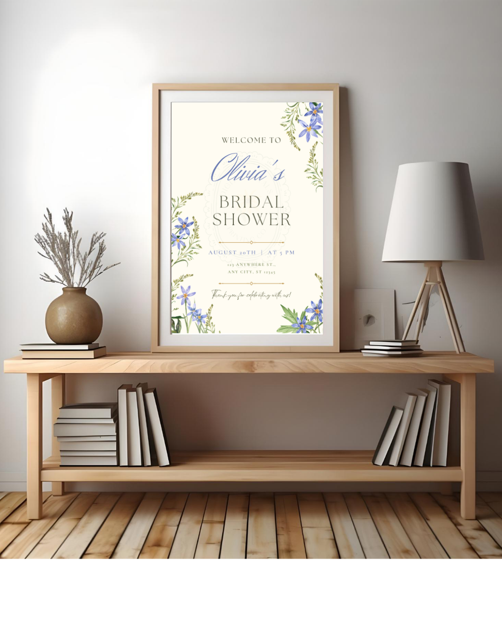 Powder Blue Wildflower Bridal Shower Welcome Sign | Editable Canva Template | Digital Download