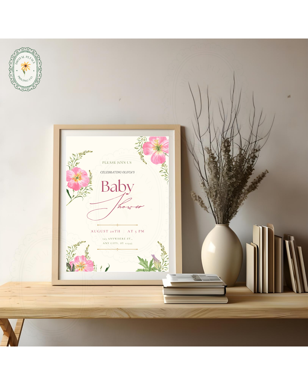 Dusty Rose & Blush Pink Wildflower Baby Shower Invitation | Minimalist Printable Invite | Digital Download