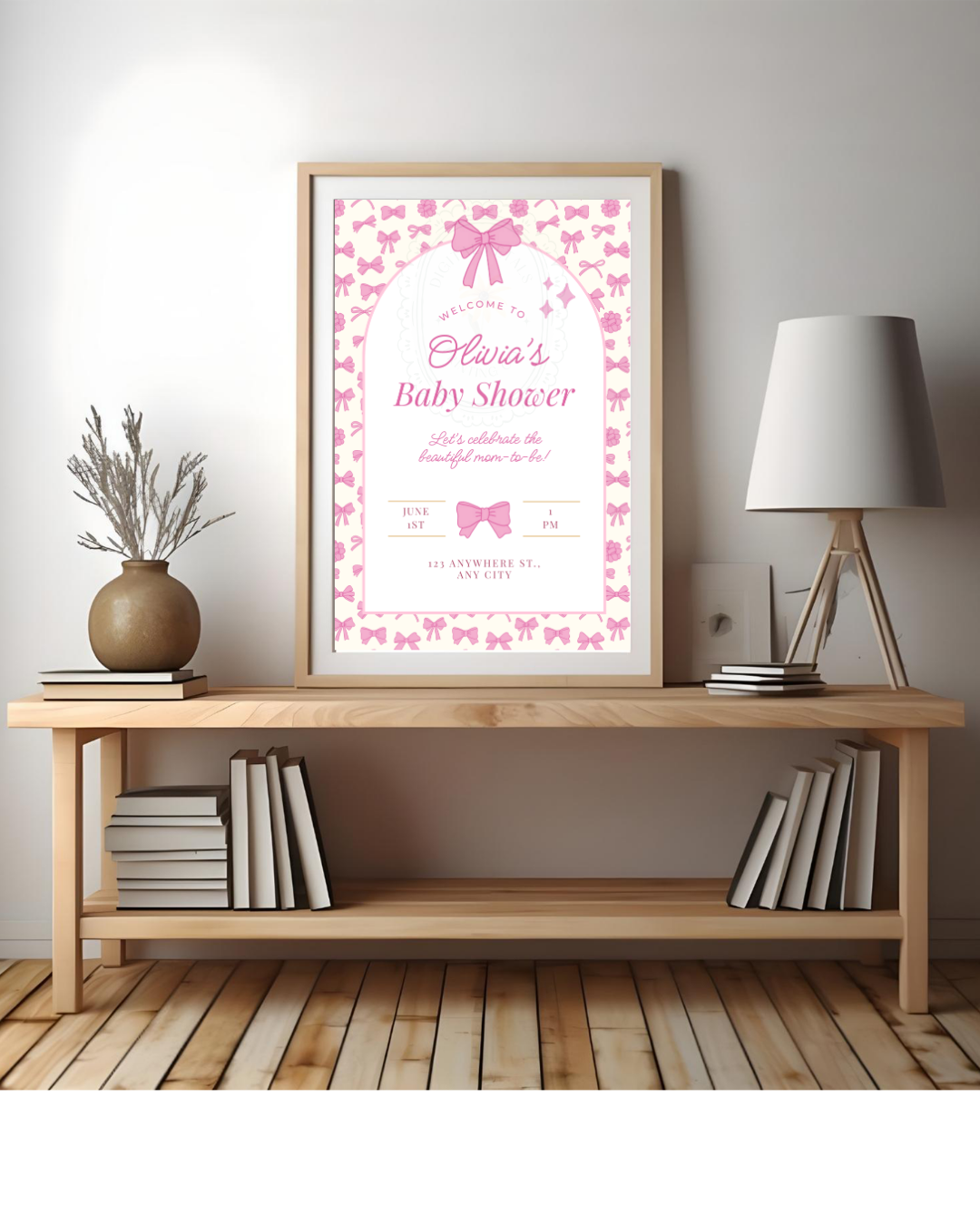 Baby Girl Shower Welcome Sign Template | Pink Ribbons & Bows | Canva Editable