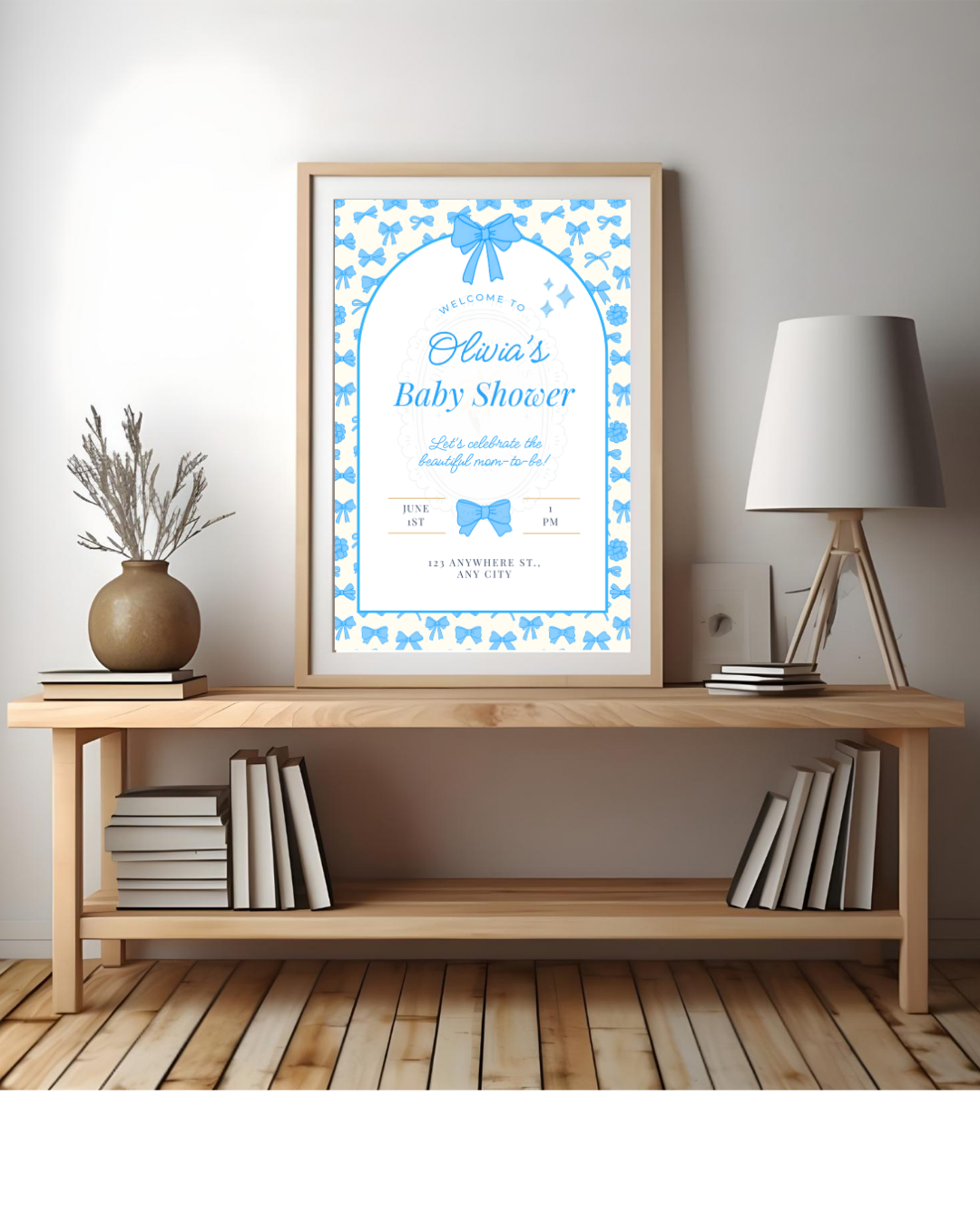 Baby Boy Shower Welcome Sign Template | Blue Ribbons & Bows | Canva Editable