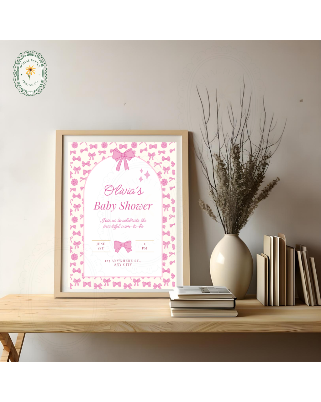 Baby Girl Shower Invitation Template | Pink Ribbons & Bows | Canva Editable