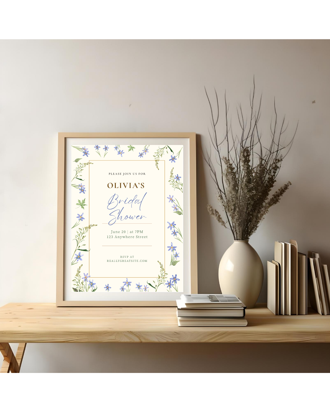 Blue Floral Border Bridal Shower Invitation Template | Editable Digital Download