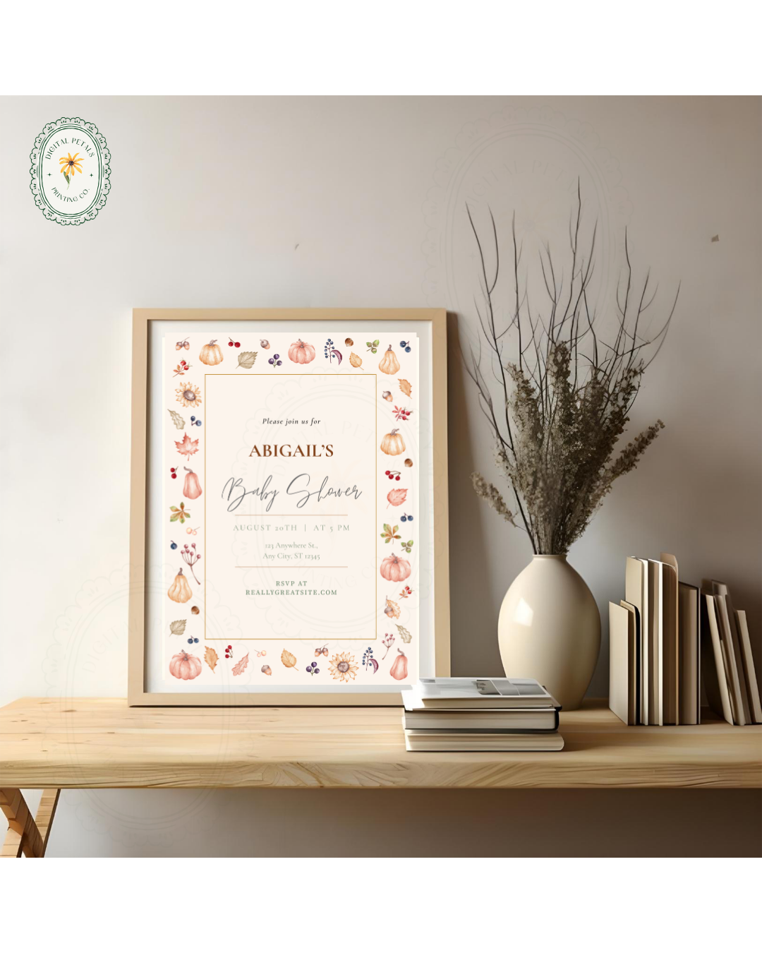 Autumn Harvest Wildflowers Baby Shower Invitation Template | Editable Canva Digital Download