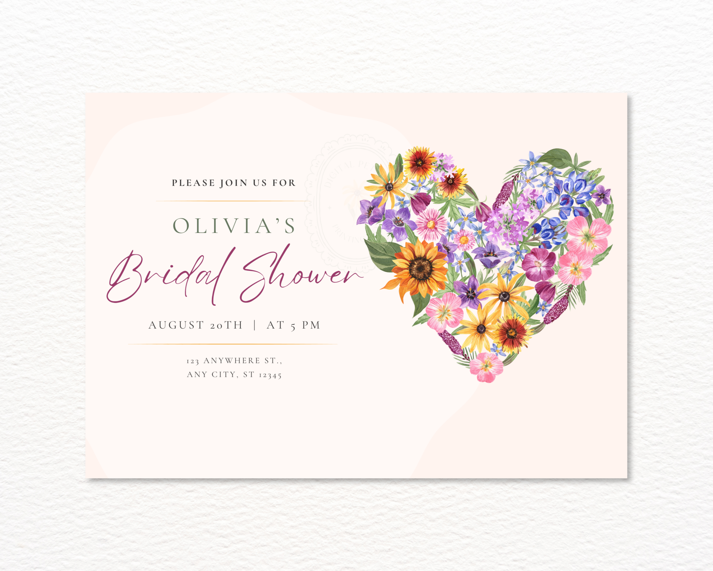Lavender Cream Spring Heart Bridal Shower Invitation | Printable Landscape Template | Digital Download