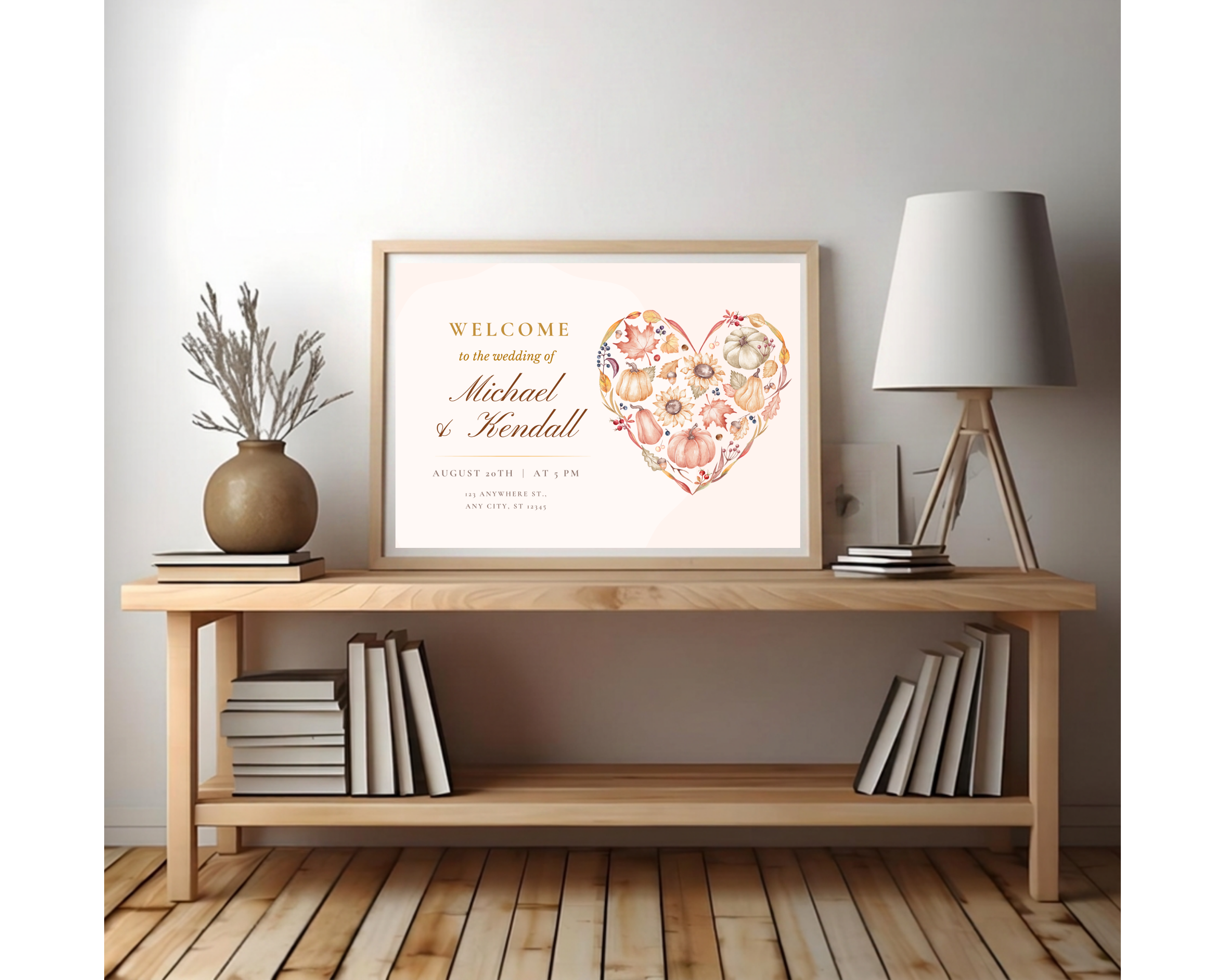Autumn Wedding Welcome Sign | Rustic Heart Floral Border | Editable Canva Digital Download | Print at Home