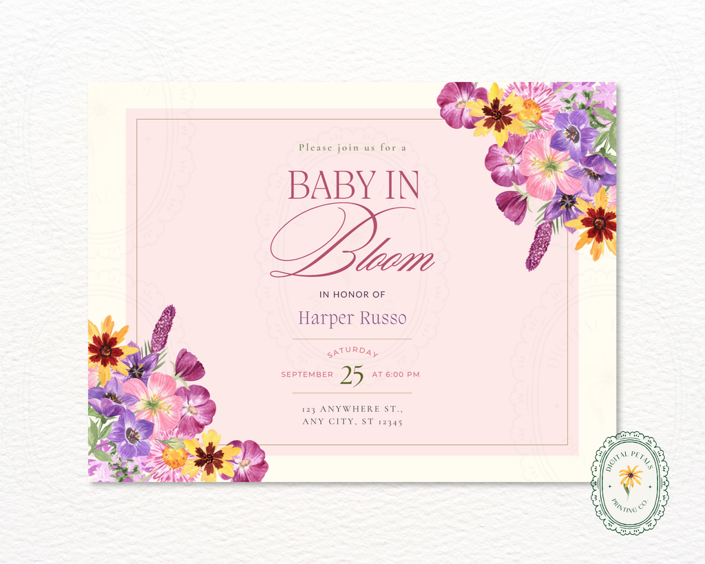 Baby in Bloom Spring Boho Baby Shower Invitation | Landscape Digital Download | Canva Editable