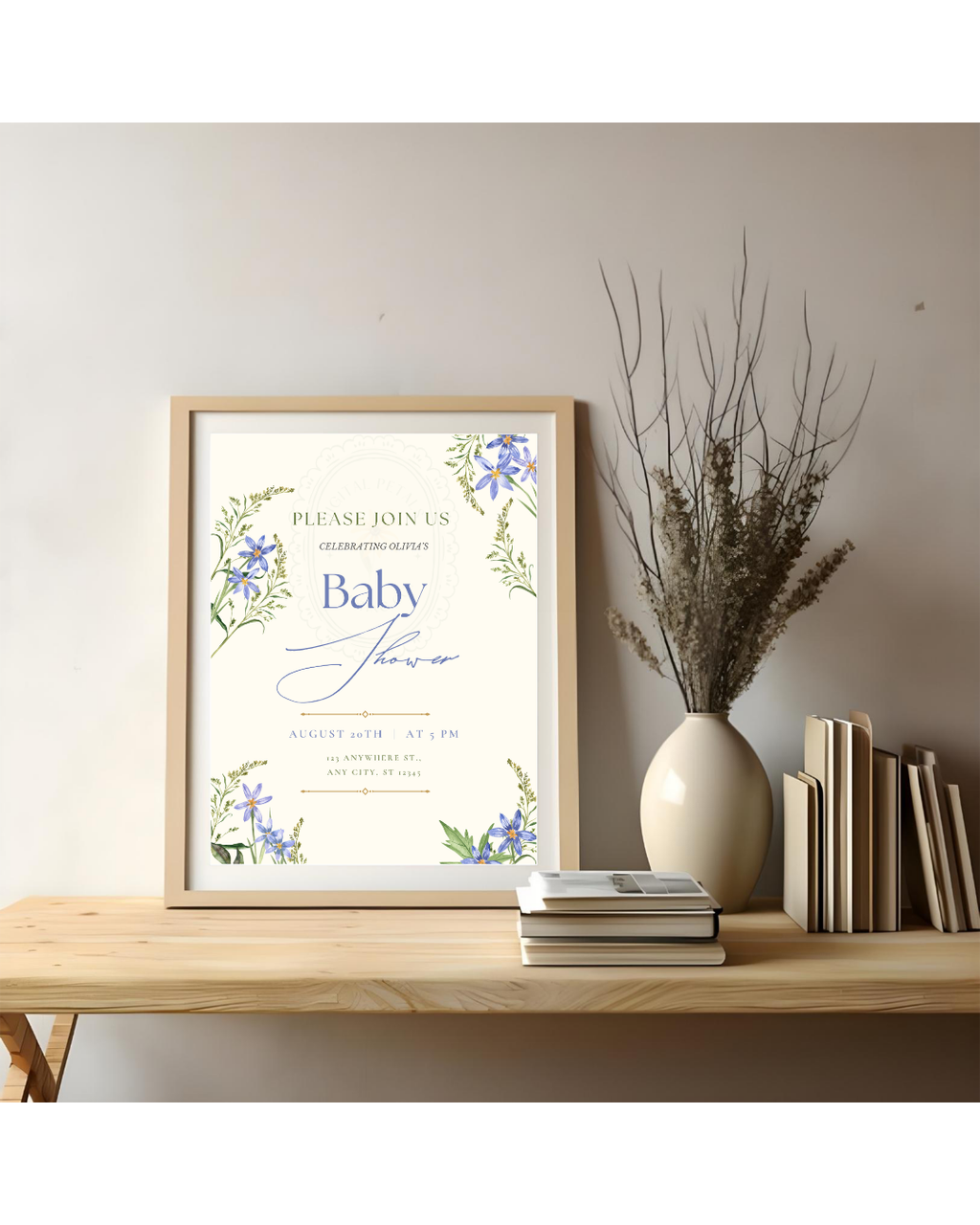 Powder Blue Wildflower Baby Shower Invitation | Minimalist Printable Invite | Digital Download