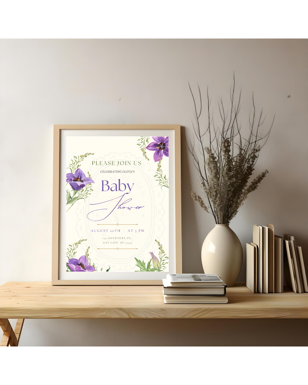 Violet & Periwinkle Wildflower Baby Shower Invitation | Minimalist Printable Invite | Digital Download