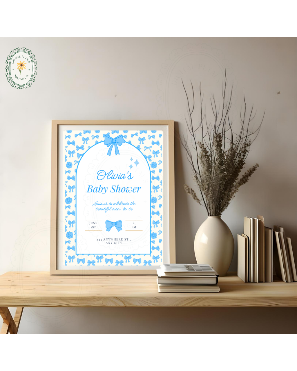 Baby Shower Invitation Template | Powder Blue Ribbons & Bows | Canva Editable