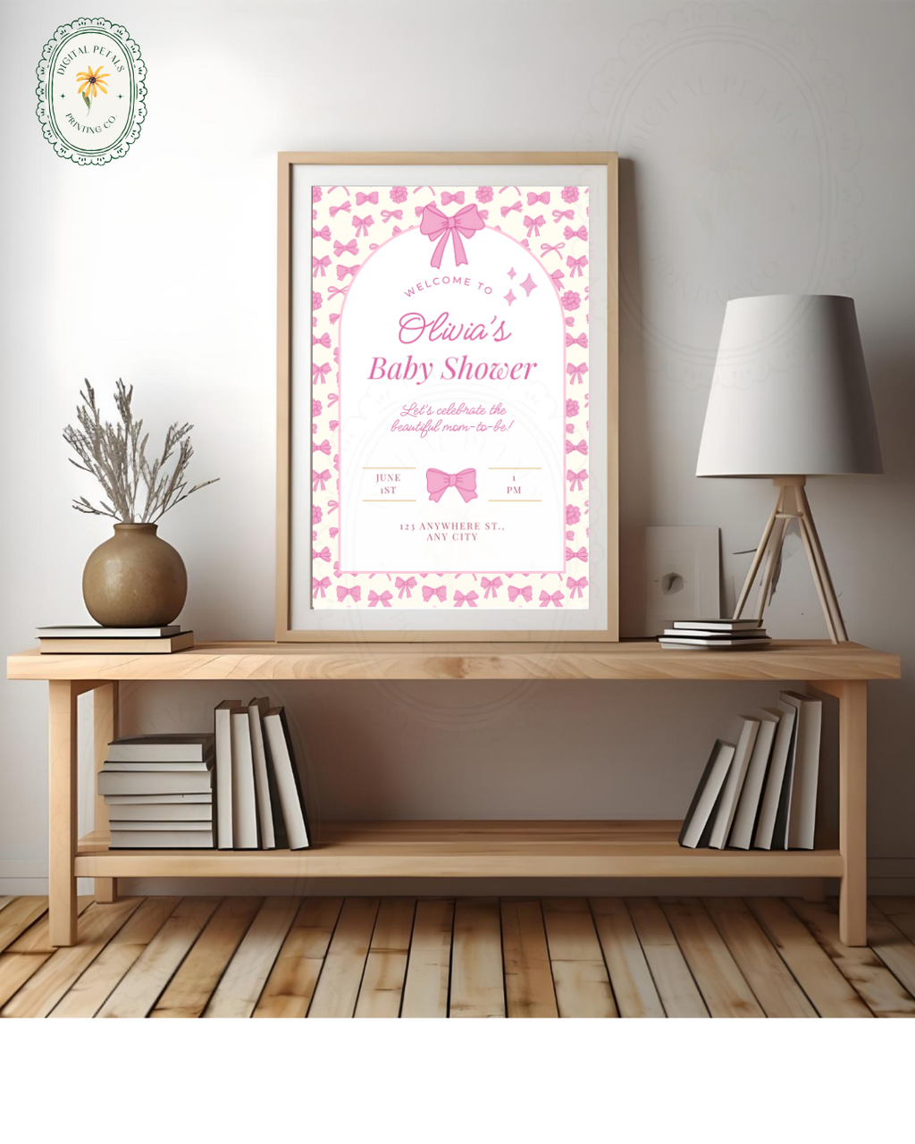 Baby Girl Shower Welcome Sign Template | Pink Ribbons & Bows | Canva Editable
