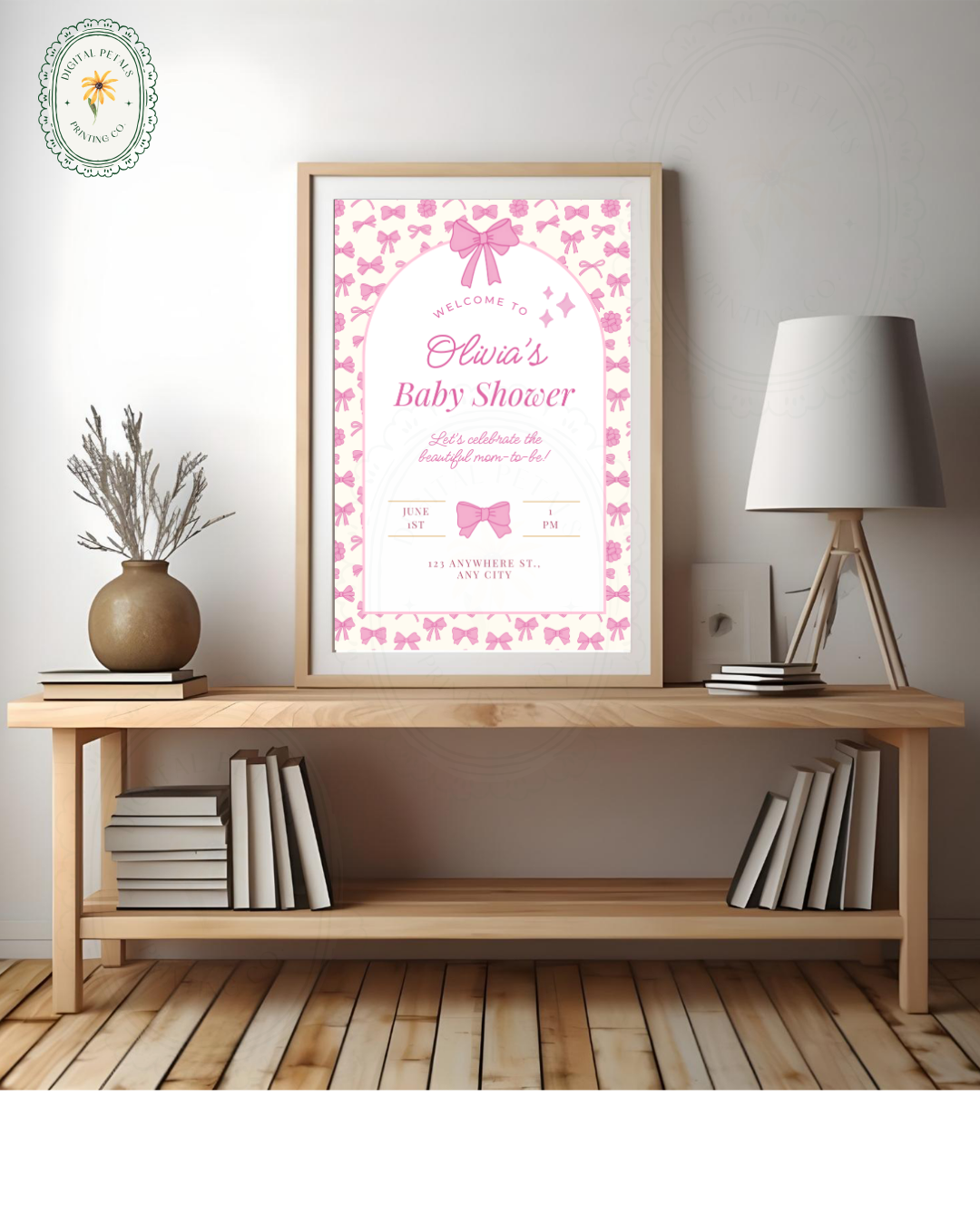 Baby Girl Shower Welcome Sign Template | Pink Ribbons & Bows | Canva Editable