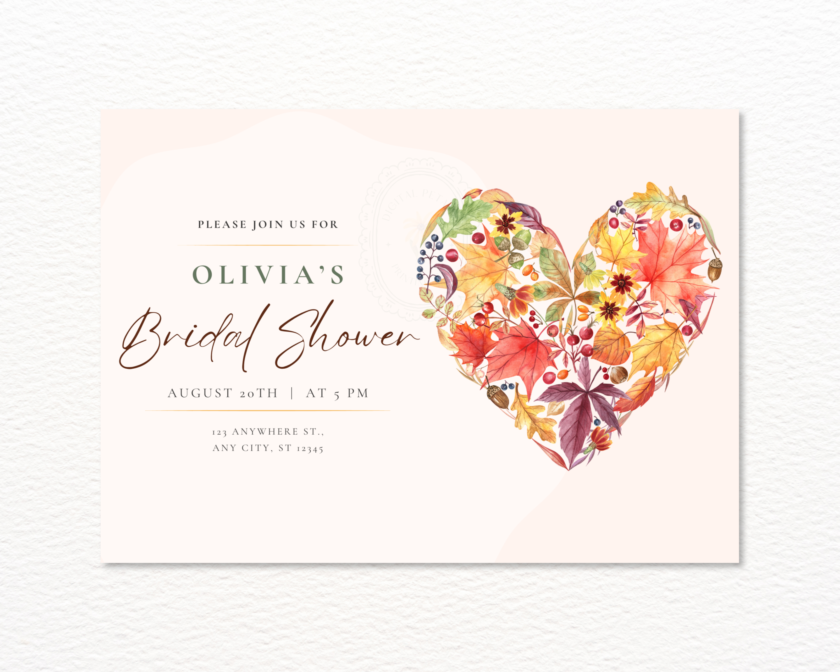 Amber Fall Heart Bridal Shower Invitation | Printable Landscape Template | Digital Download