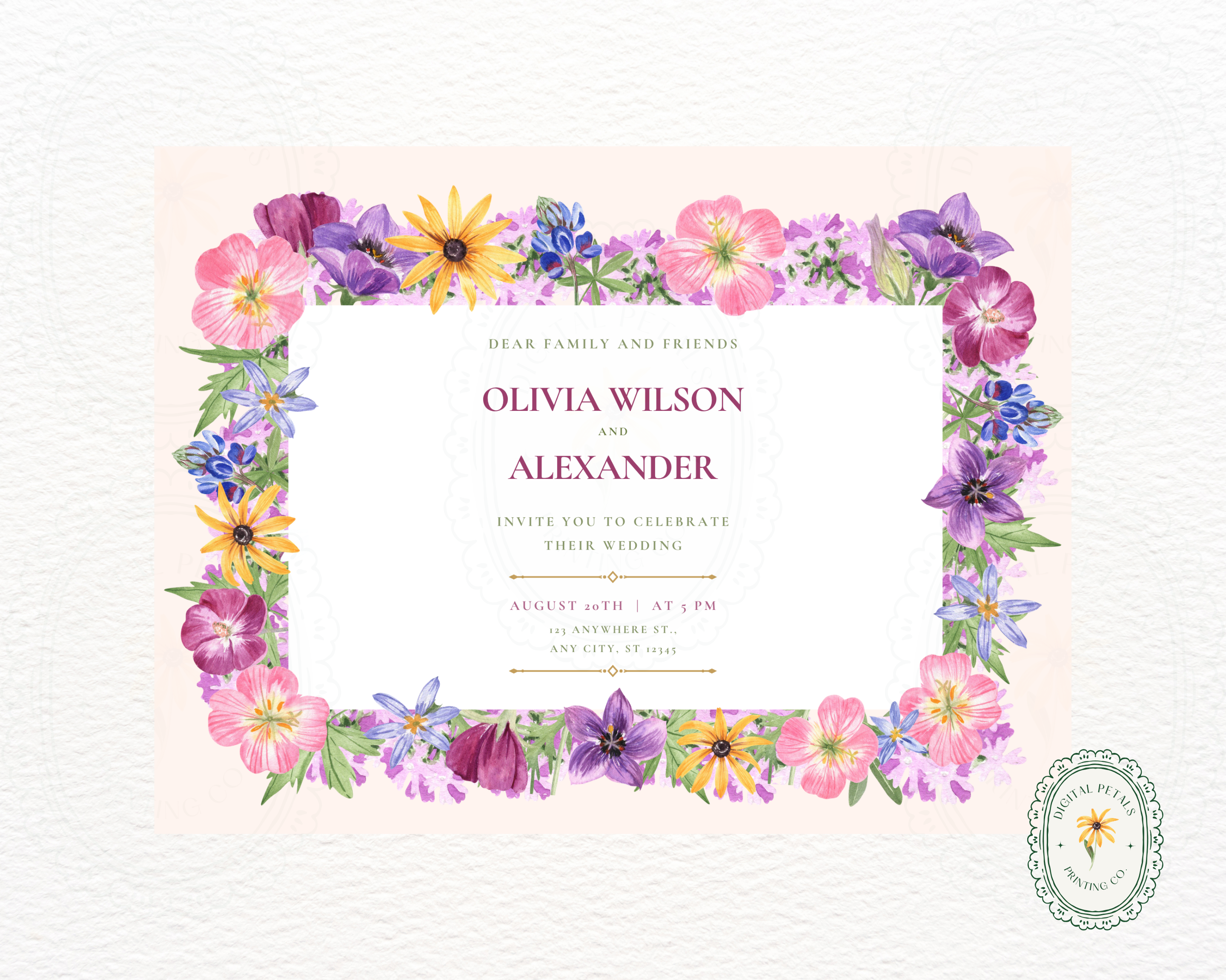 Dusty Lilac Wildflower Border Wedding Landscape Invitation | Printable Landscape Template | Digital Download