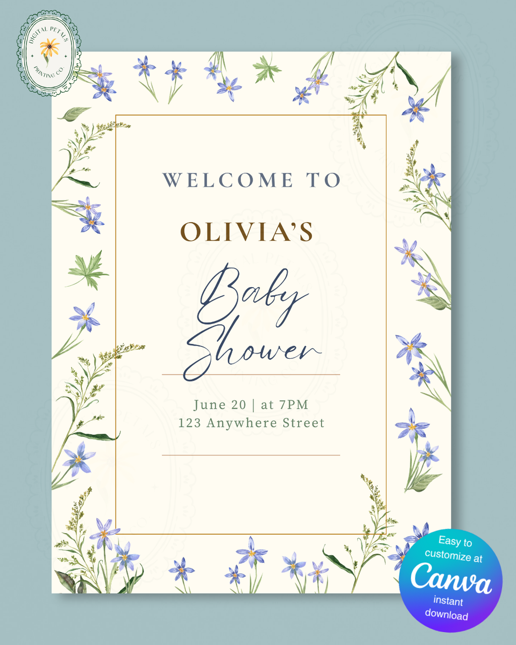 Dusty Blue Floral Botanical Baby Shower Welcome Sign | Editable Canva Template | Digital Download