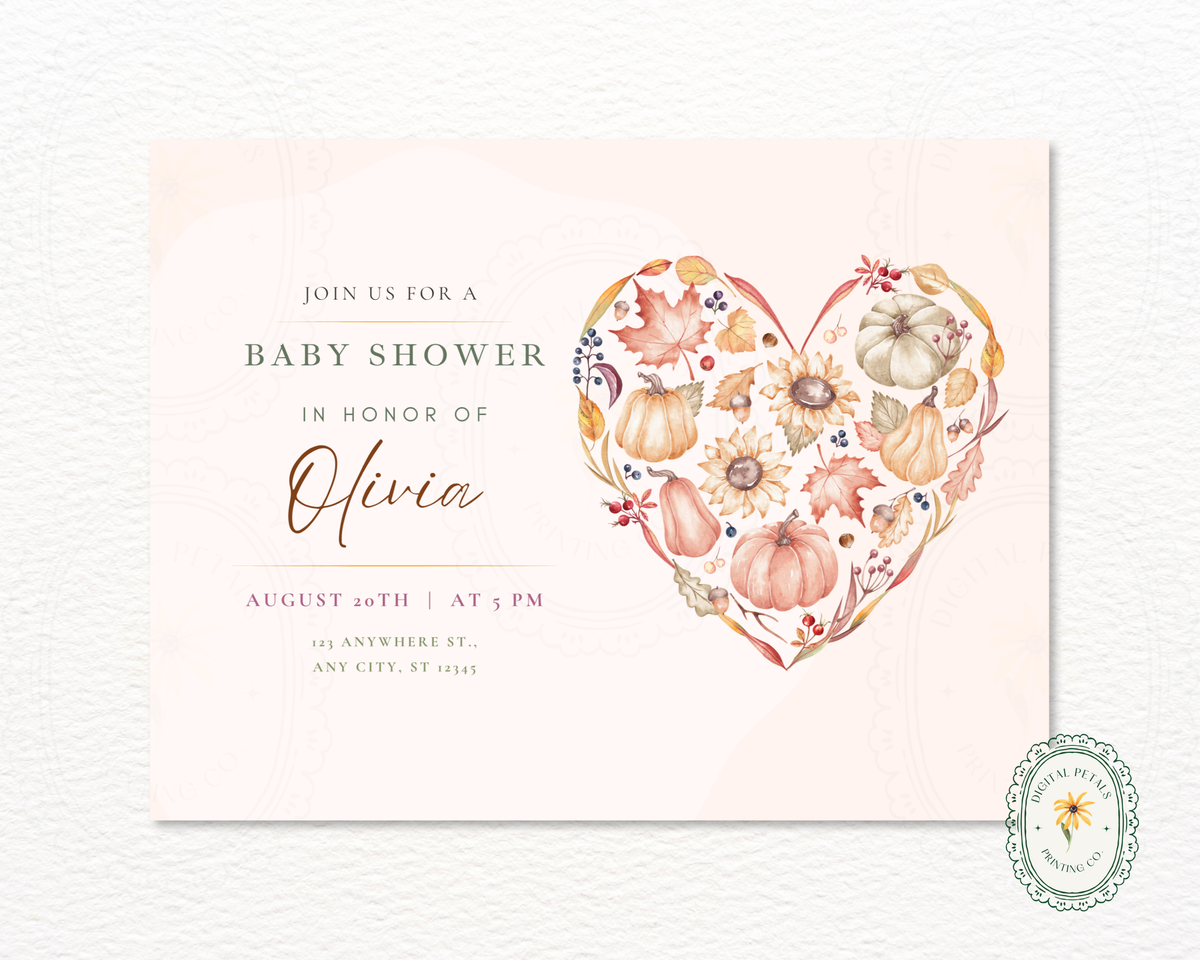 Autumn Heart Baby Shower Invitation | Autumn Floral Landscape | Canva Digital Download