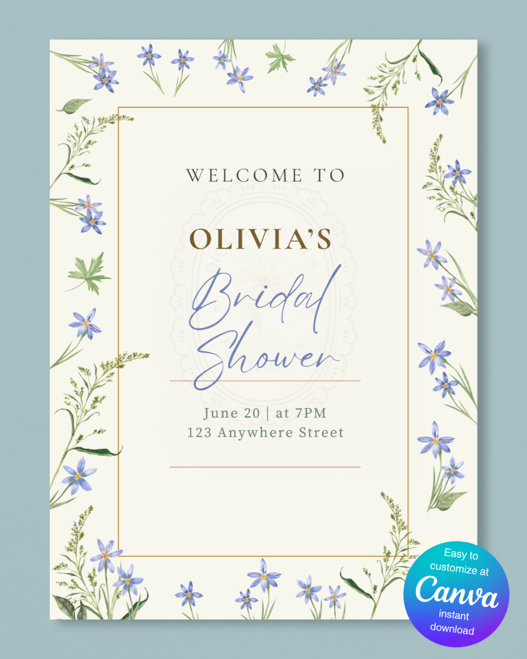 Dusty Blue Floral Botanical Bridal Shower Welcome Sign | Editable Canva Template | Digital Download