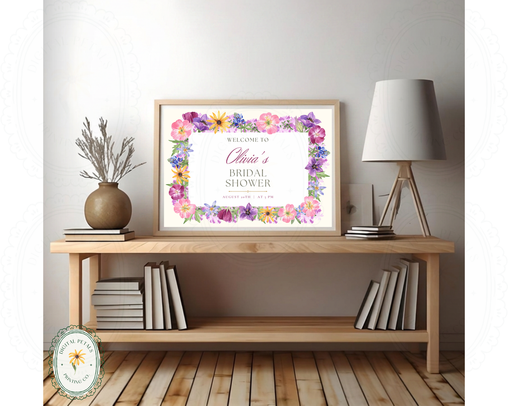 Bridal Shower Garden Party Welcome Sign Wildflower Border Template | Editable Canva Digital Download