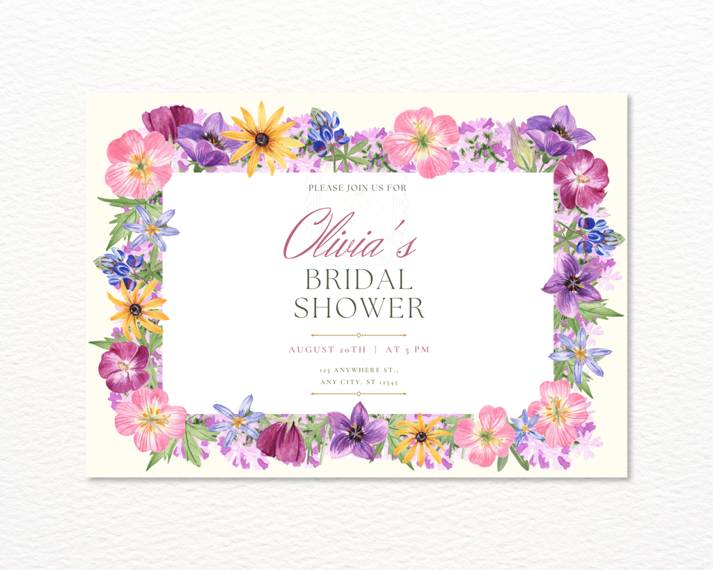Lavender Spring Wildflowers Bridal Shower Invitation | Printable Landscape Template | Digital Download
