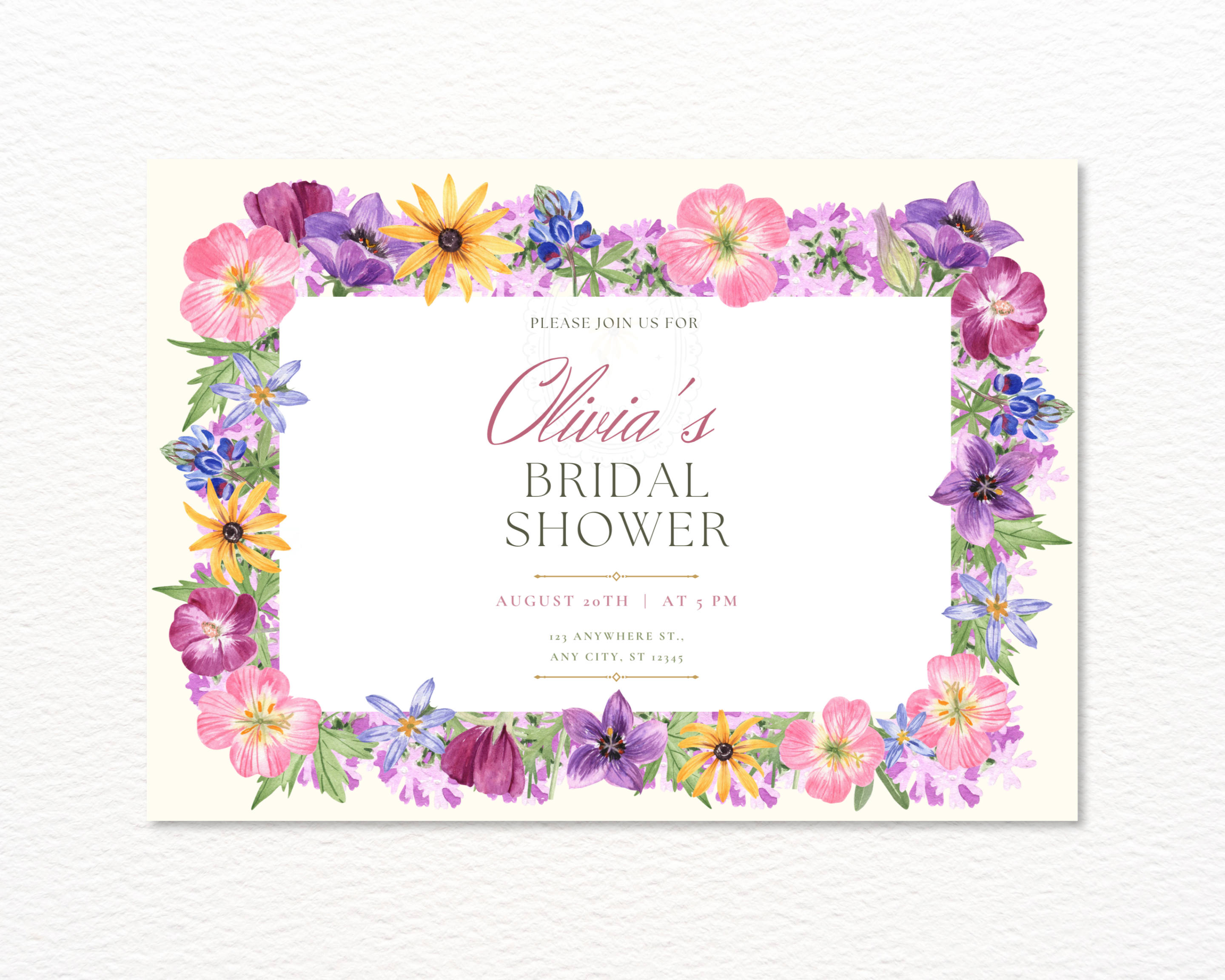 Lavender Spring Wildflowers Bridal Shower Invitation | Printable Landscape Template | Digital Download